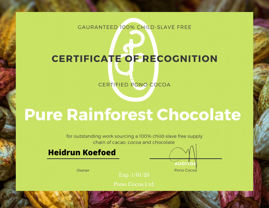 Certificate of Recognition fra Pono Cocoa